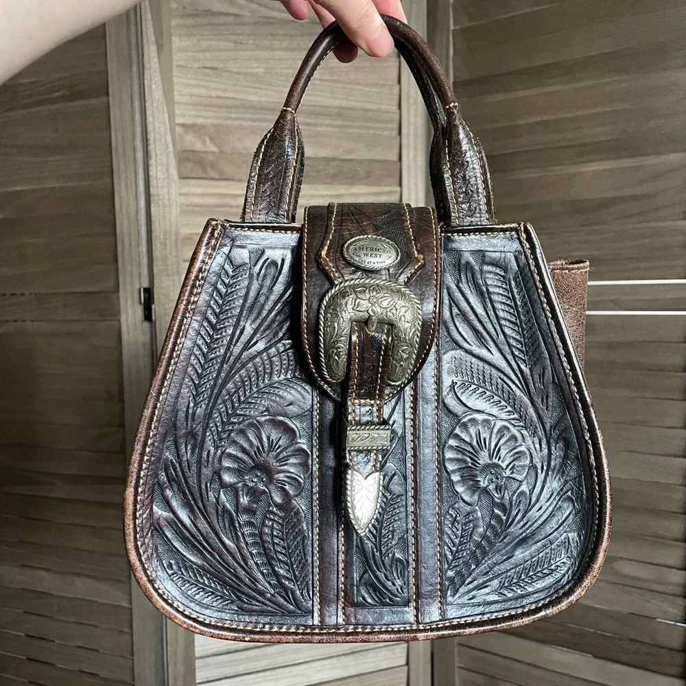 Vintage American West Western Tooled Leather Floral Satchel Tote Handbag Dark - Picture 3 of 10